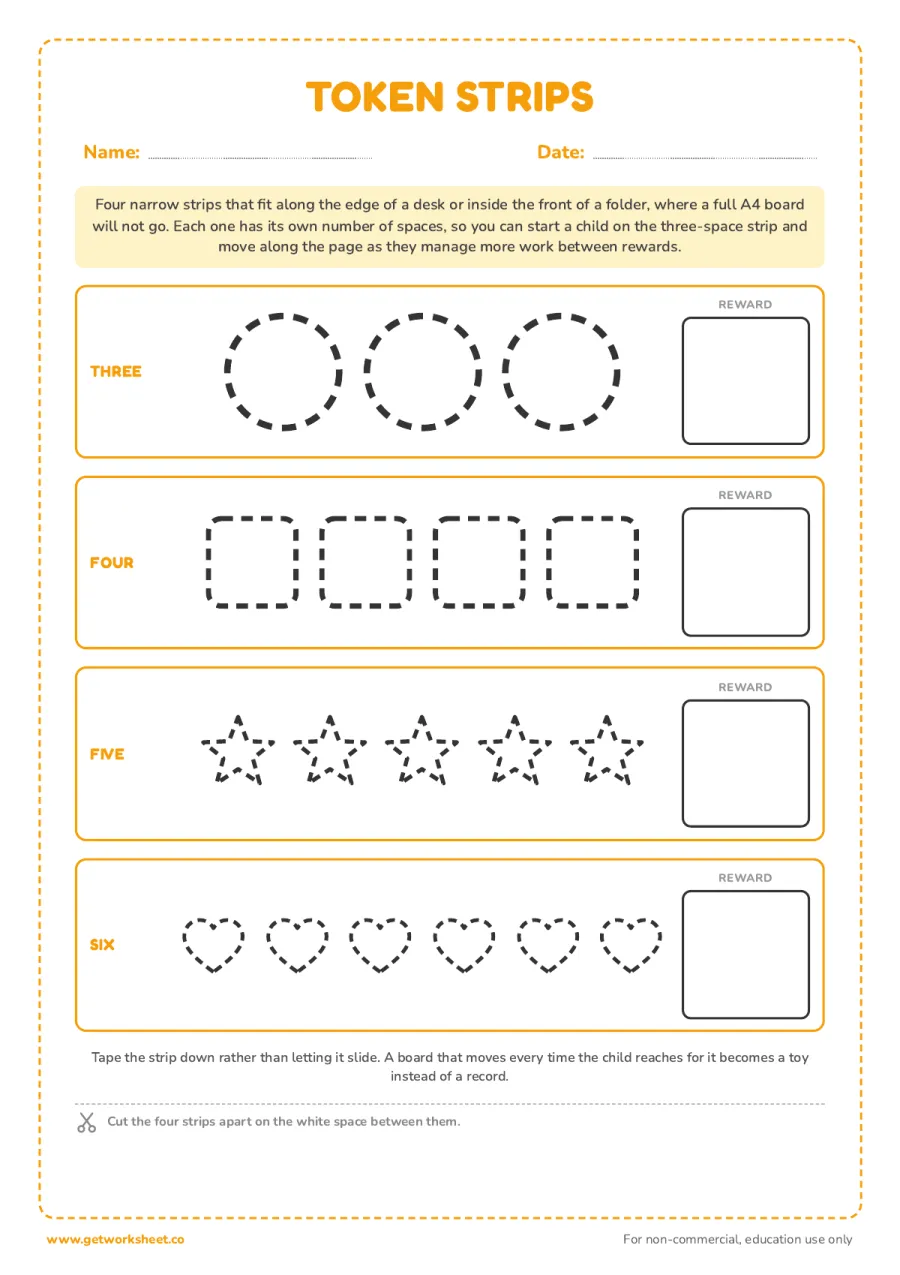 Desk-edge token strips Desk-edge token strips – free printable PDF worksheet, page 1 preview (7 free token board printables)