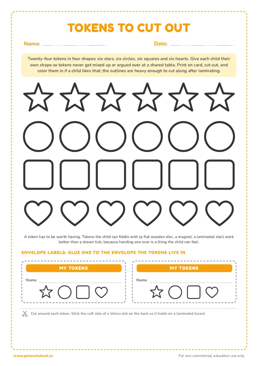 Tokens to cut out (four shapes) Tokens to cut out (four shapes) – free printable PDF worksheet, page 1 preview (7 free token board printables)