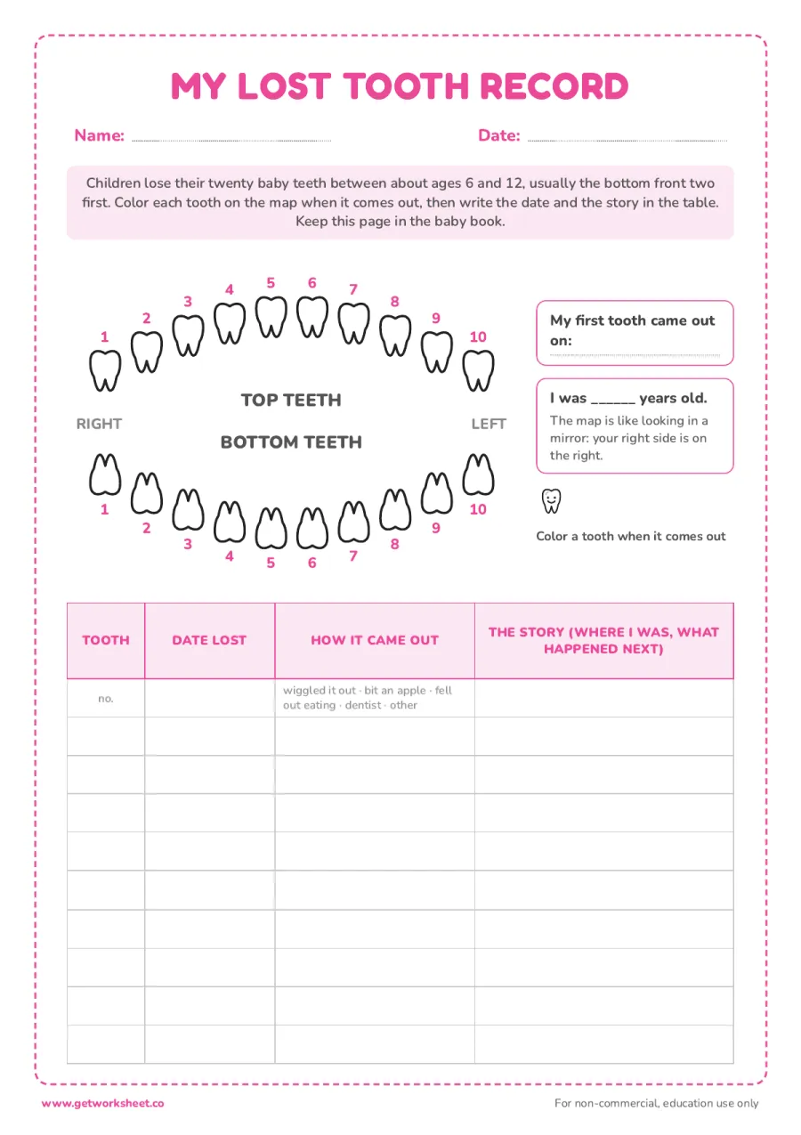 My lost tooth record – free printable PDF worksheet, page 1 preview (5 free tooth brushing chart printables)