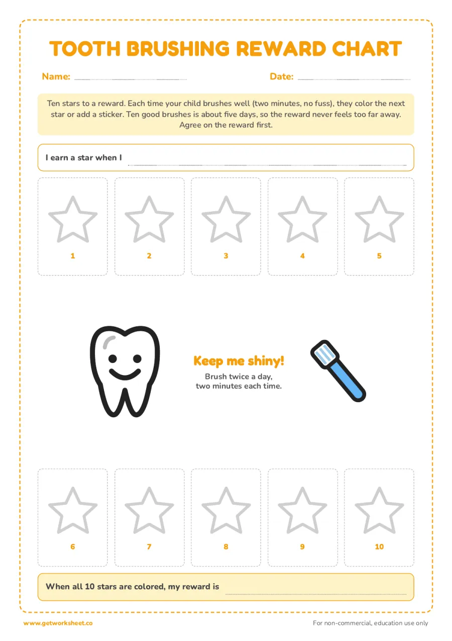 Tooth brushing reward chart (10 stars) – free printable PDF worksheet, page 1 preview (5 free tooth brushing chart printables)