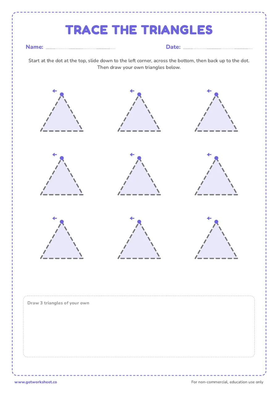 Trace 9 large triangles (start dot and arrow) – free printable PDF worksheet, page 1 preview (8 free triangle tracing worksheets)