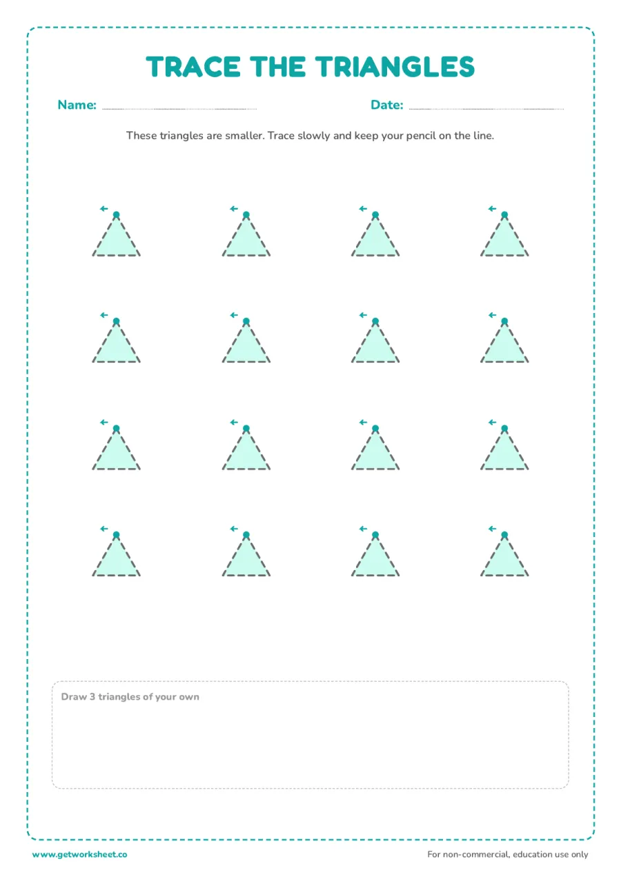 Trace 16 small triangles – free printable PDF worksheet, page 1 preview (8 free triangle tracing worksheets)