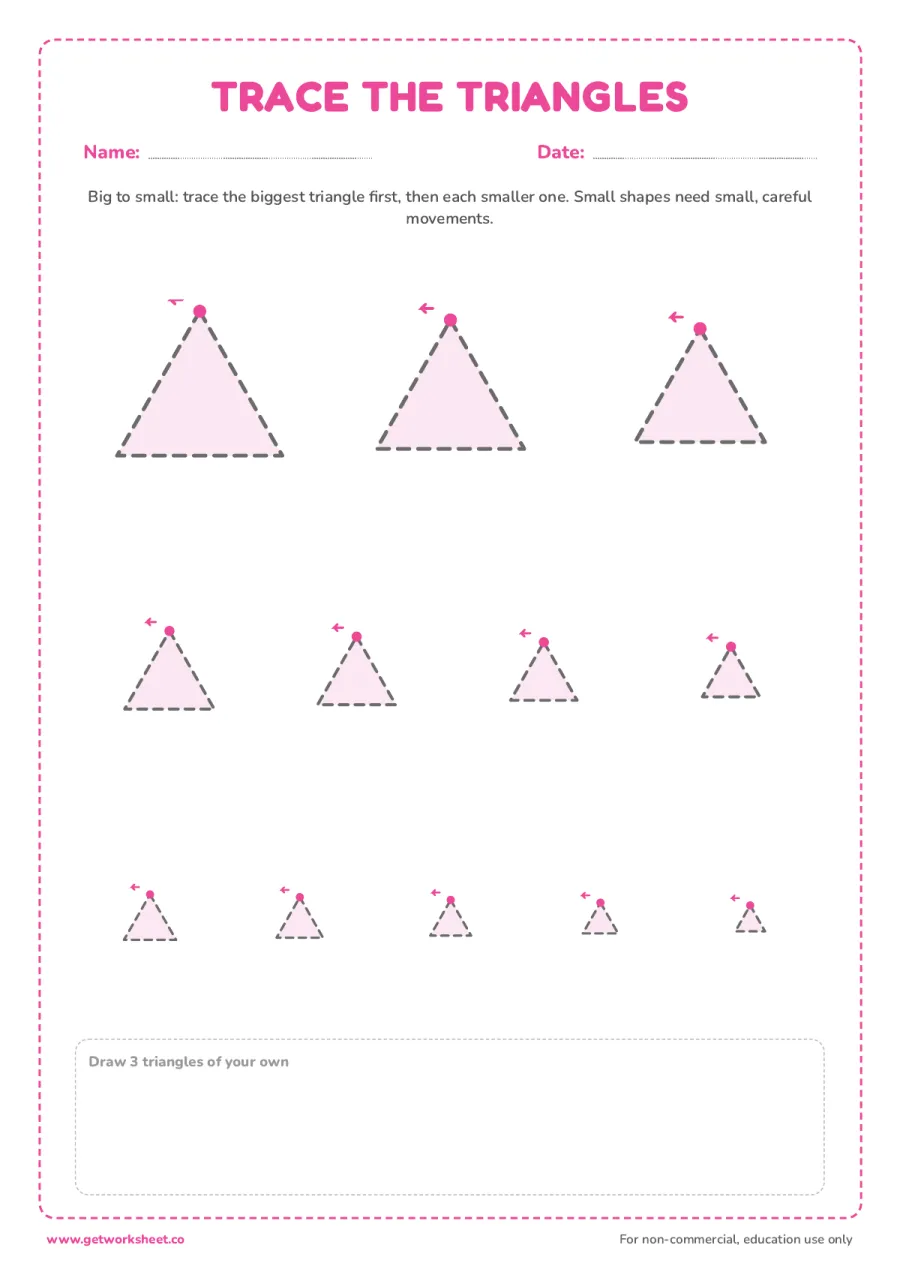 Triangles big to small – free printable PDF worksheet, page 1 preview (8 free triangle tracing worksheets)