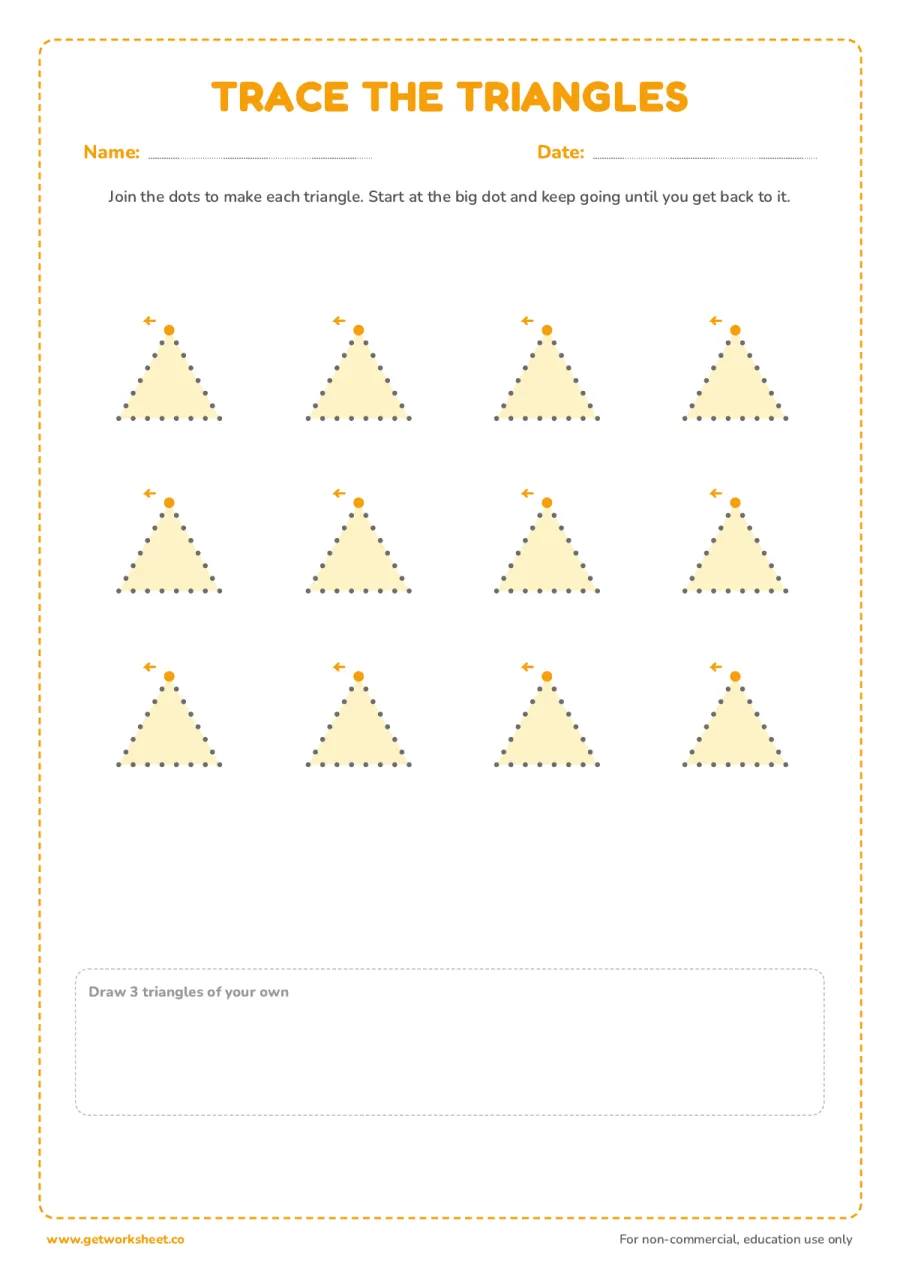 Dot-to-dot triangles – free printable PDF worksheet, page 1 preview (8 free triangle tracing worksheets)