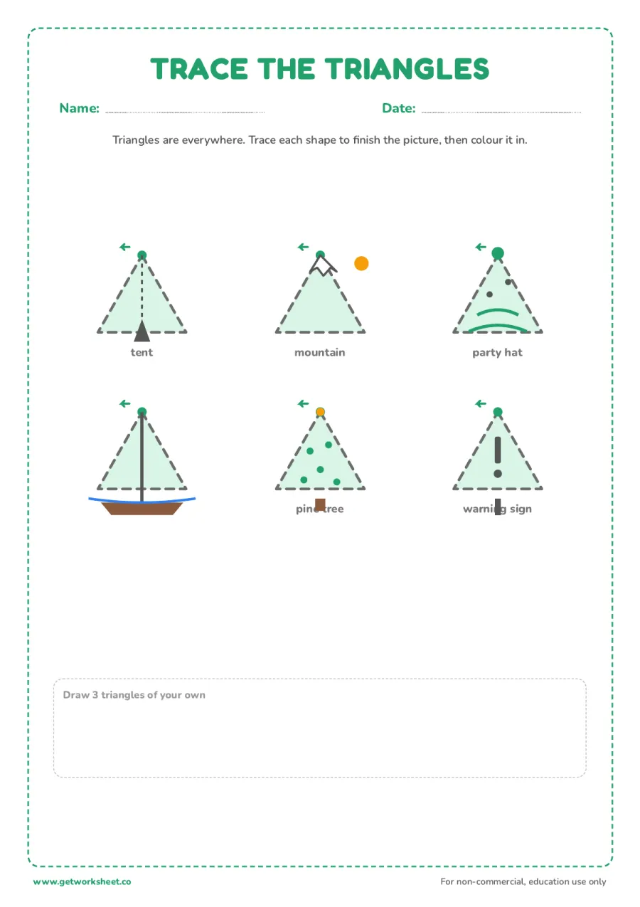 Triangles all around us: trace and colour – free printable PDF worksheet, page 1 preview (8 free triangle tracing worksheets)