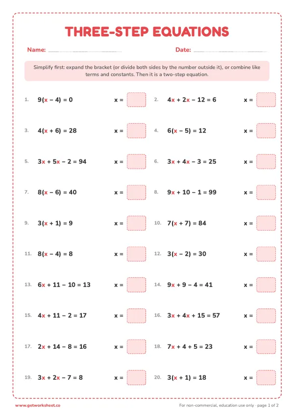 Three-step equations: brackets and like terms, page 1 preview
