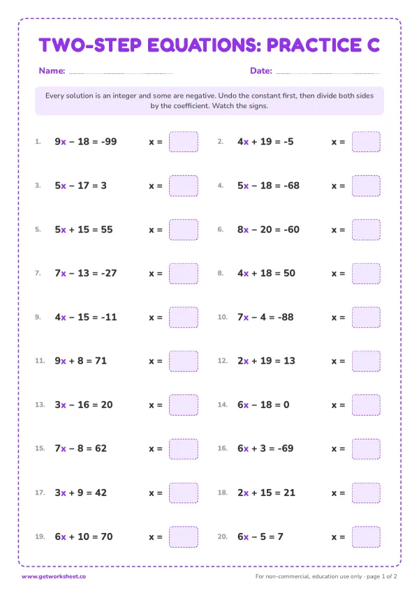 Two-step equations practice C: integer solutions, page 1 preview