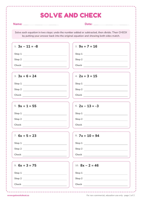 Two-step equations: solve and check (10 problems), page 1 preview