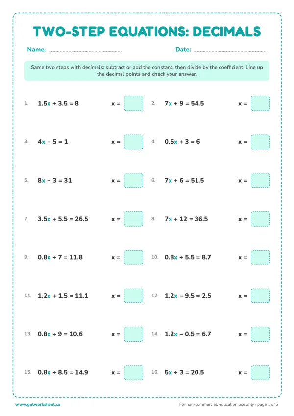 Two-step equations with decimals, set 2, page 1 preview