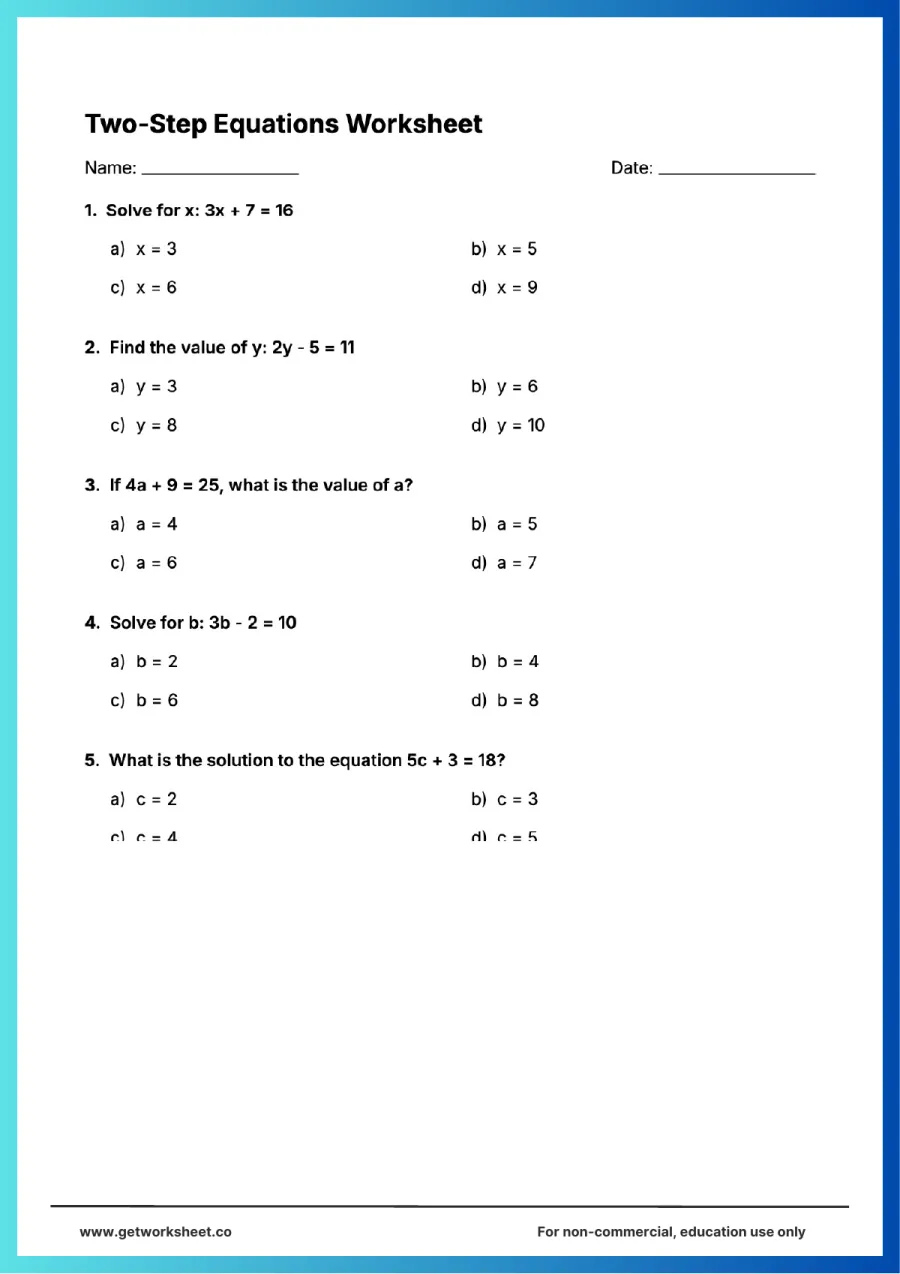 Two-step equations multiple choice: 3x + 7 = 16 style Two-step equations multiple choice: 3x + 7 = 16 style – free printable PDF worksheet, page 1 preview (9 free two step equations worksheets)