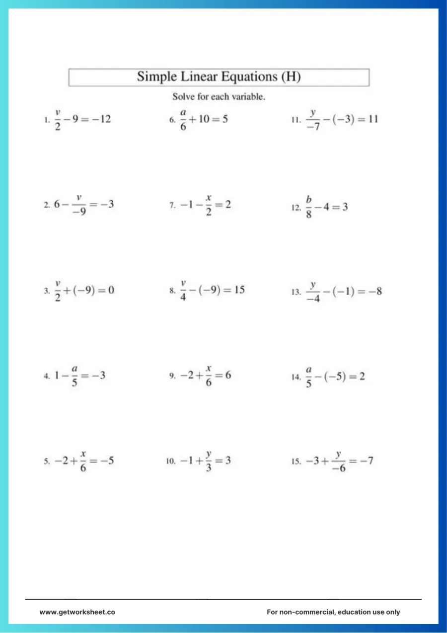 Two-step equations with fractions and negatives: 15 problems Two-step equations with fractions and negatives: 15 problems – free printable PDF worksheet, page 1 preview (9 free two step equations worksheets)