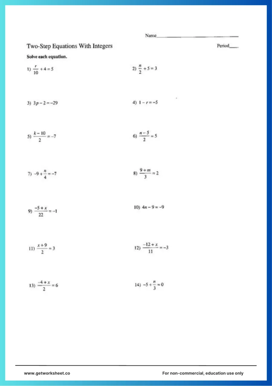 Two-step equations with integers: 14 problems with fractions Two-step equations with integers: 14 problems with fractions – free printable PDF worksheet, page 1 preview (9 free two step equations worksheets)