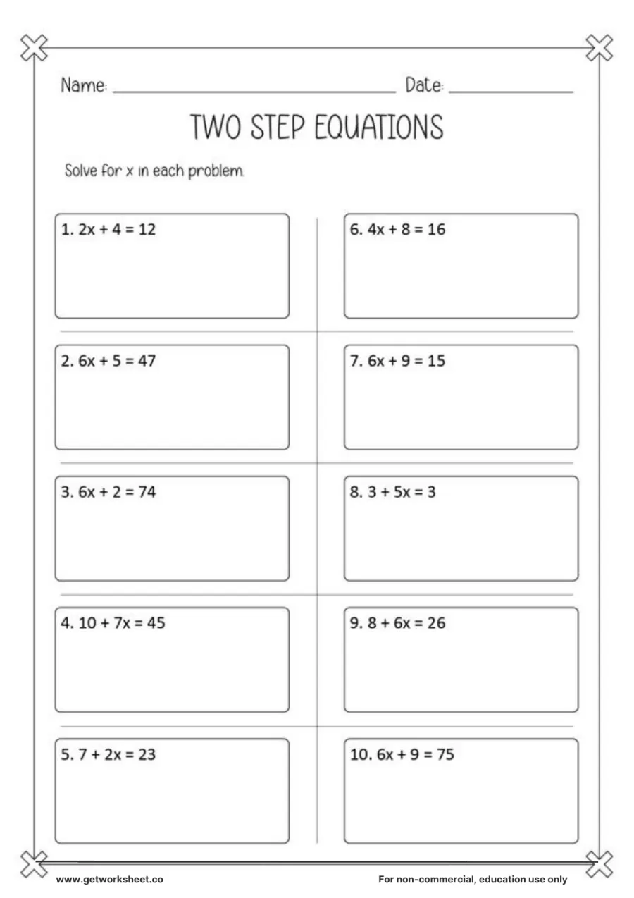 Two-step equations ax + b = c: 10 problems with work boxes Two-step equations ax + b = c: 10 problems with work boxes – free printable PDF worksheet, page 1 preview (9 free two step equations worksheets)