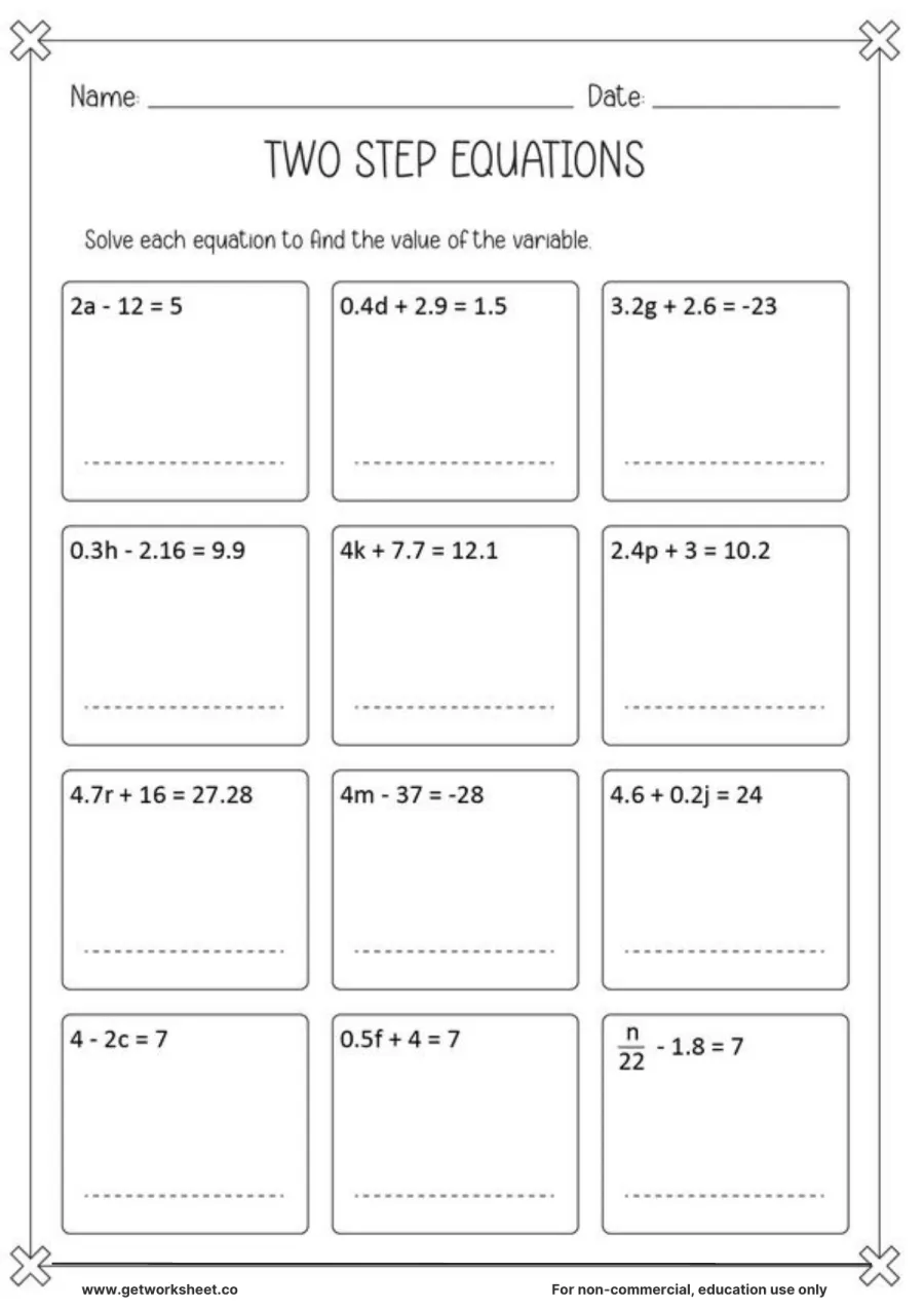 Two-step equations with decimals: 12 problems Two-step equations with decimals: 12 problems – free printable PDF worksheet, page 1 preview (9 free two step equations worksheets)