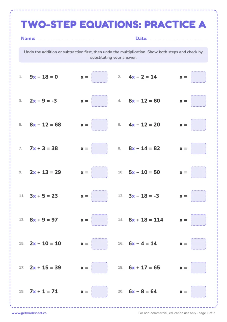 Two-step equations practice A: 20 problems with answers Two-step equations practice A: 20 problems with answers – free printable PDF worksheet, page 1 preview (9 free two step equations worksheets)