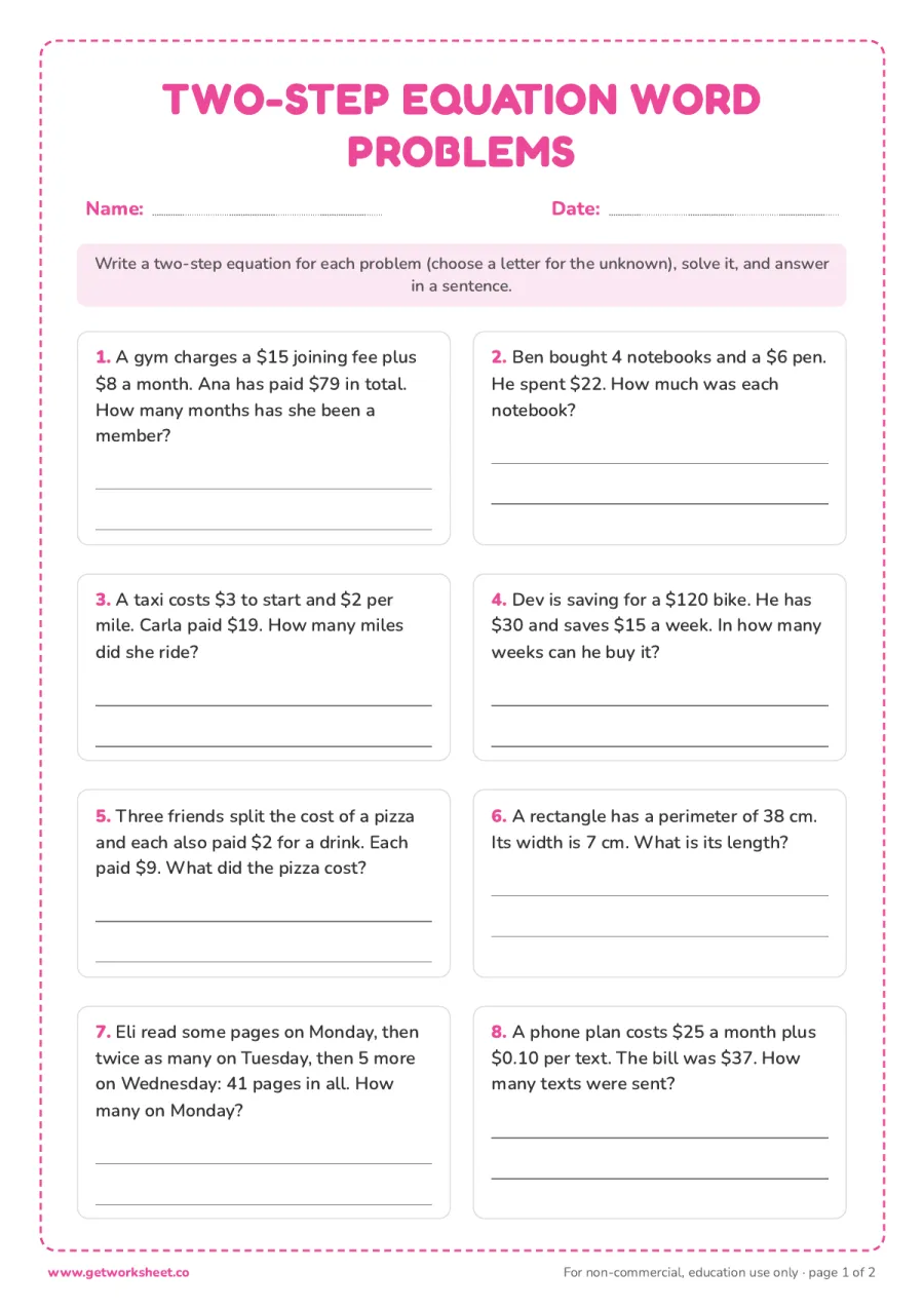 Two-step equation word problems: 8 real-life problems Two-step equation word problems: 8 real-life problems – free printable PDF worksheet, page 1 preview (9 free two step equations worksheets)