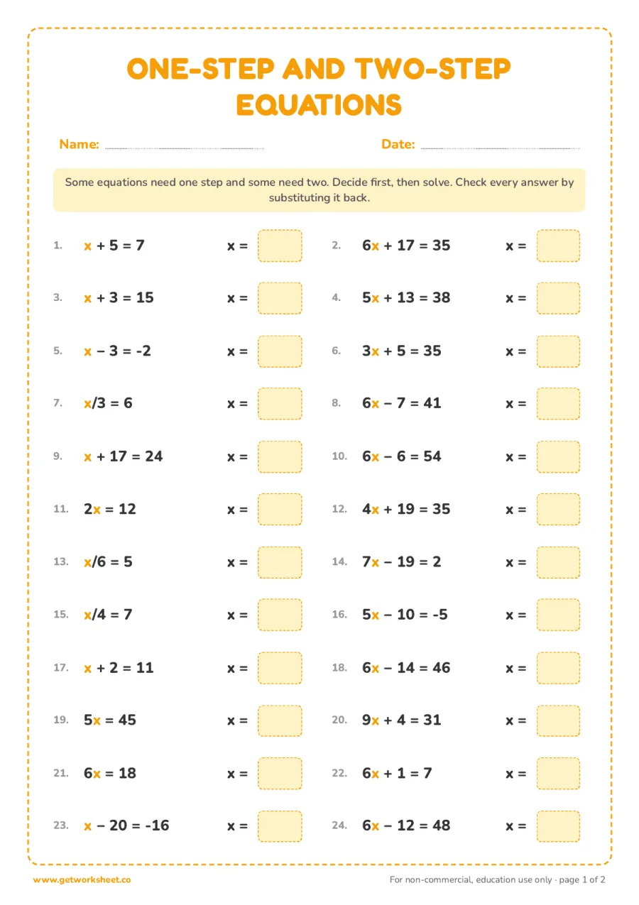 One-step and two-step equations mixed review: 24 problems One-step and two-step equations mixed review: 24 problems – free printable PDF worksheet, page 1 preview (9 free two step equations worksheets)