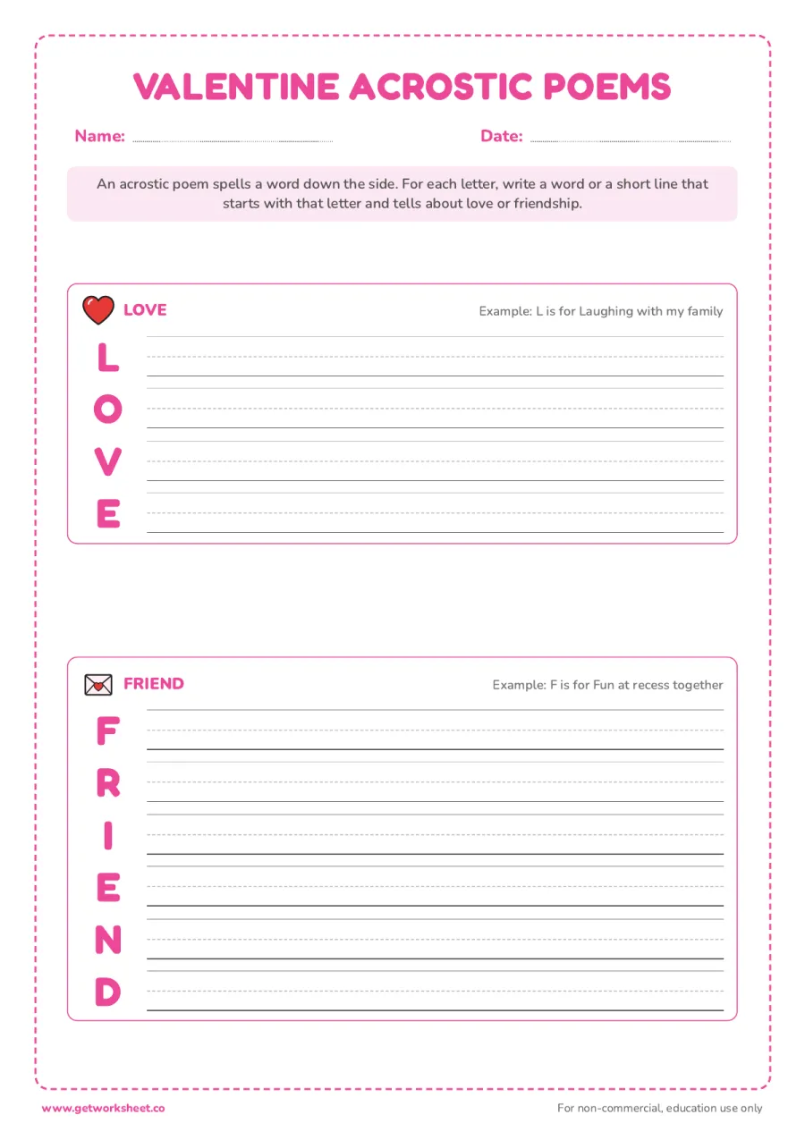 LOVE and FRIEND acrostic poems LOVE and FRIEND acrostic poems – free printable PDF worksheet, page 1 preview (6 free Valentine's Day worksheets: word search, writing and a card to make)