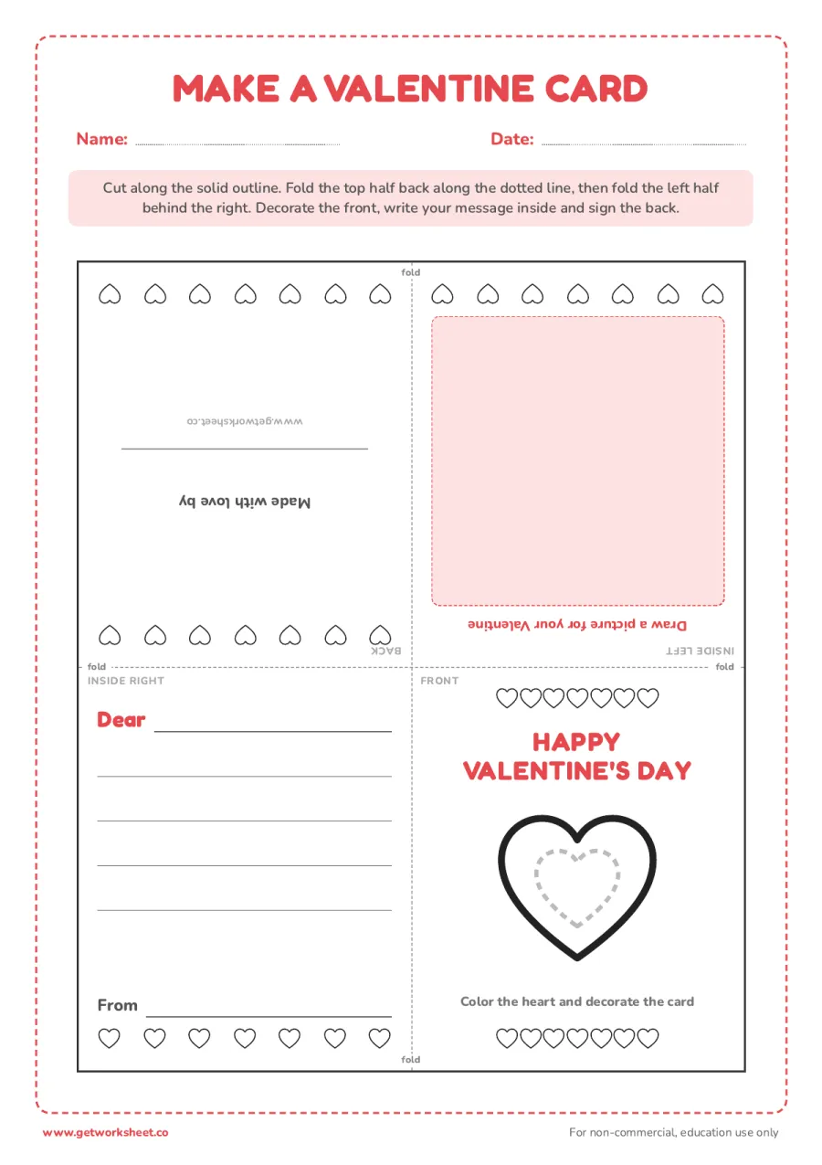 Make a Valentine card template Make a Valentine card template – free printable PDF worksheet, page 1 preview (6 free Valentine's Day worksheets: word search, writing and a card to make)