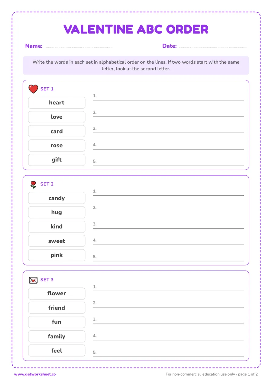 Valentine's Day ABC order Valentine's Day ABC order – free printable PDF worksheet, page 1 preview (6 free Valentine's Day worksheets: word search, writing and a card to make)