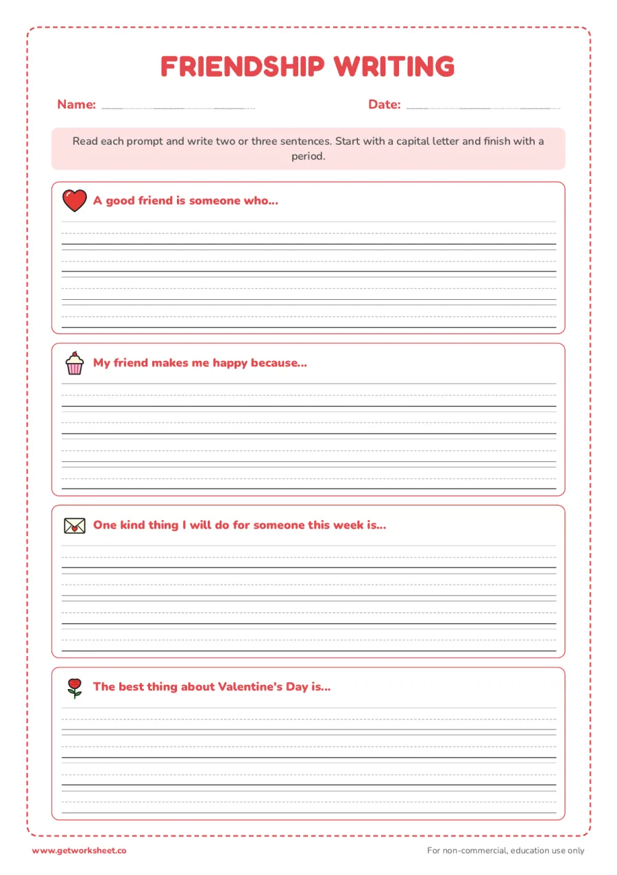 Valentine's Day friendship writing prompts Valentine's Day friendship writing prompts – free printable PDF worksheet, page 1 preview (6 free Valentine's Day worksheets: word search, writing and a card to make)