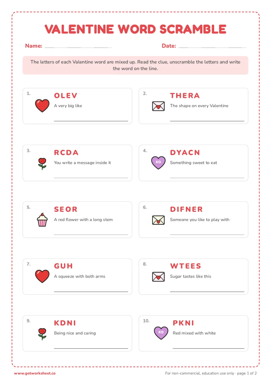 Valentine's Day word scramble Valentine's Day word scramble – free printable PDF worksheet, page 1 preview (6 free Valentine's Day worksheets: word search, writing and a card to make)