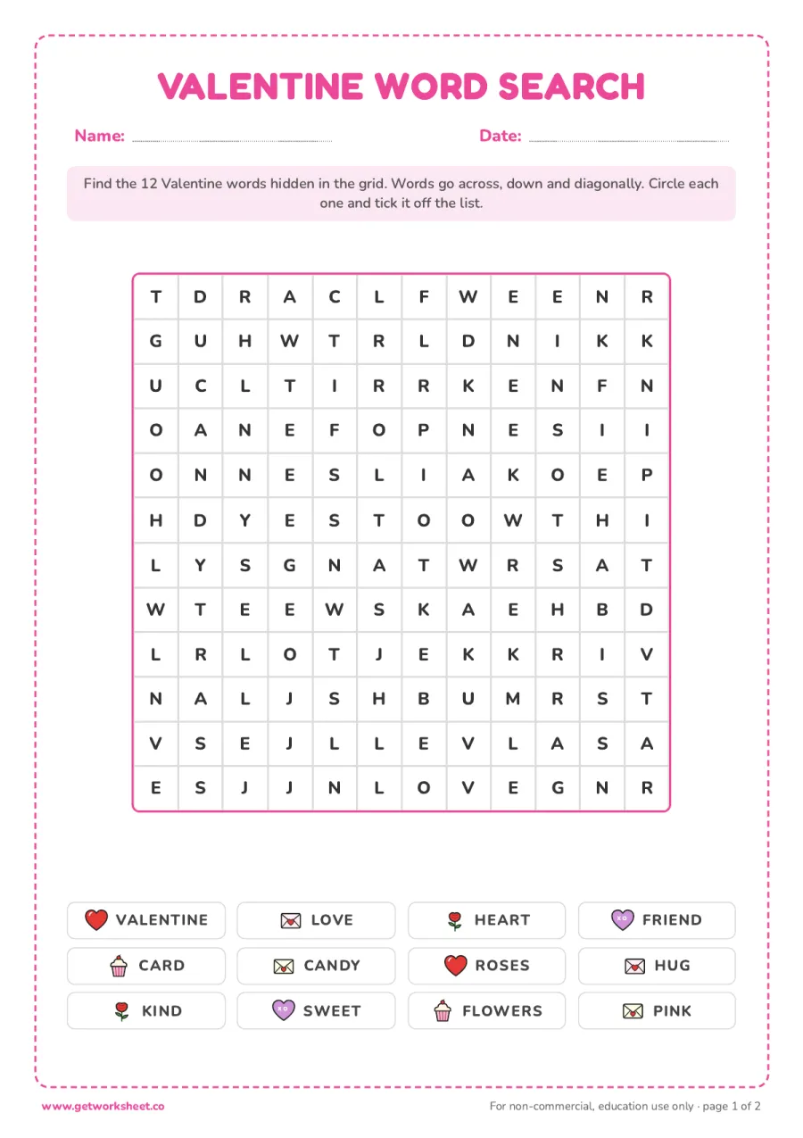 Valentine's Day word search Valentine's Day word search – free printable PDF worksheet, page 1 preview (6 free Valentine's Day worksheets: word search, writing and a card to make)