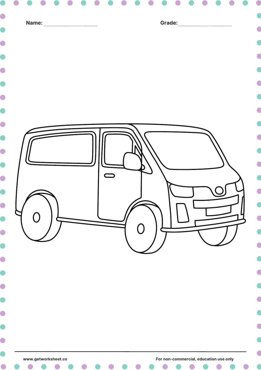 Vehicle coloring page: minivan seen from the front corner – free printable PDF worksheet, page 1 preview (Free printable vehicle coloring pages)