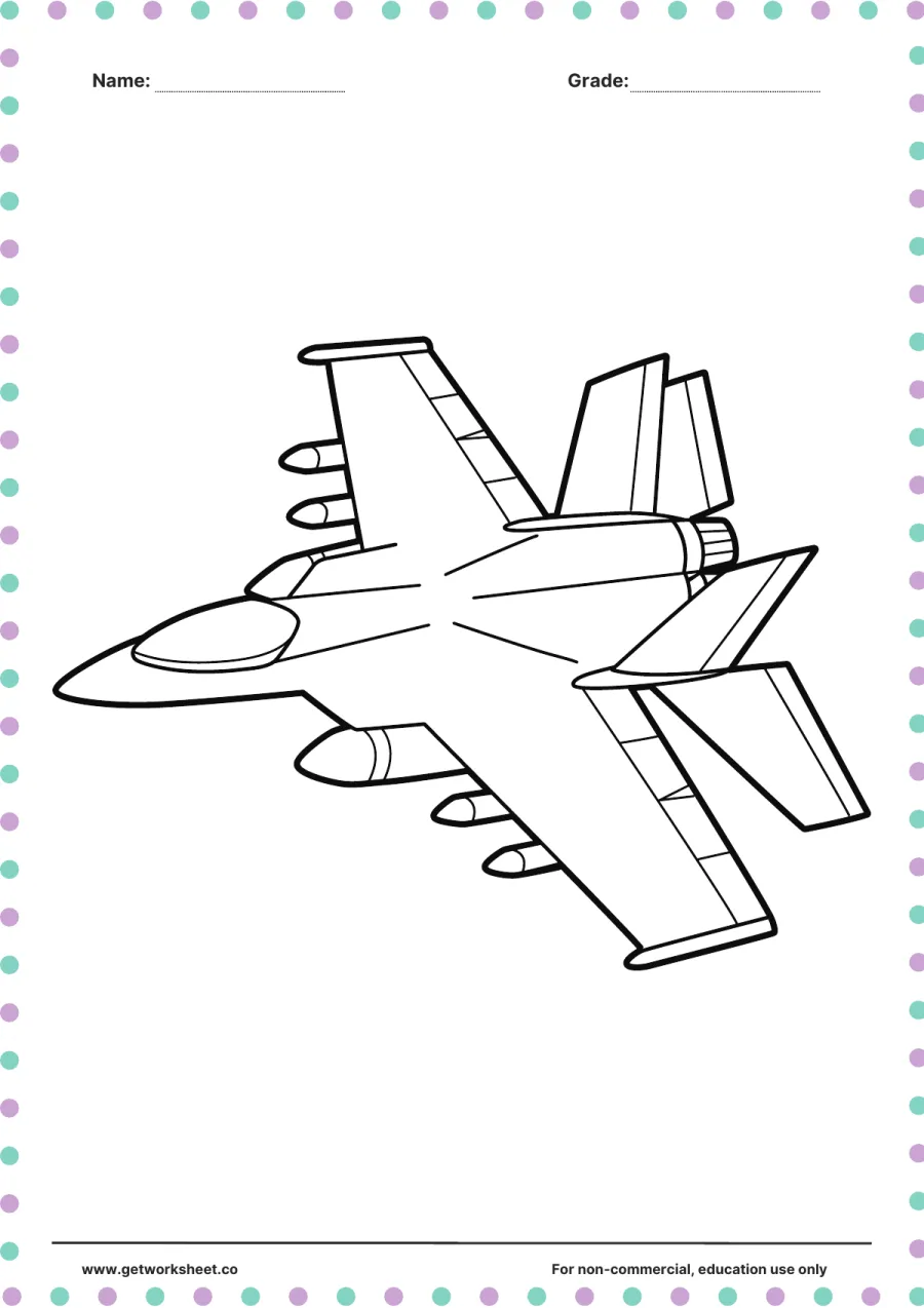 Vehicle coloring page: fighter jet in flight – free printable PDF worksheet, page 1 preview (Free printable vehicle coloring pages)