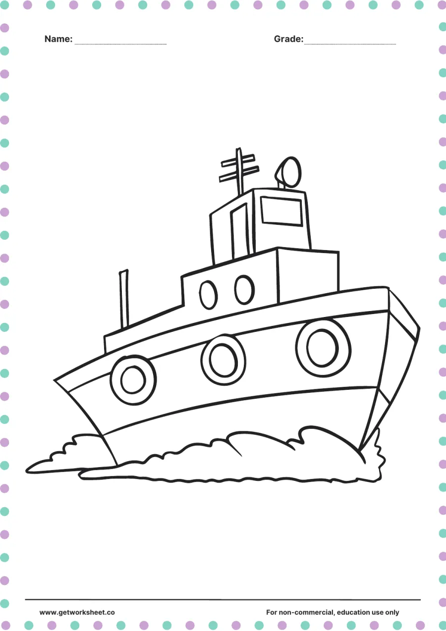 Vehicle coloring page: tugboat on the waves – free printable PDF worksheet, page 1 preview (Free printable vehicle coloring pages)