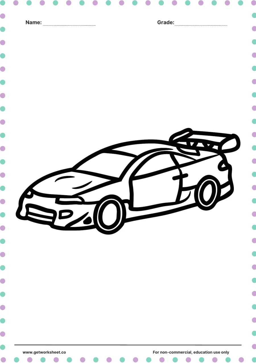 Vehicle coloring page: sports car with rear spoiler – free printable PDF worksheet, page 1 preview (Free printable vehicle coloring pages)