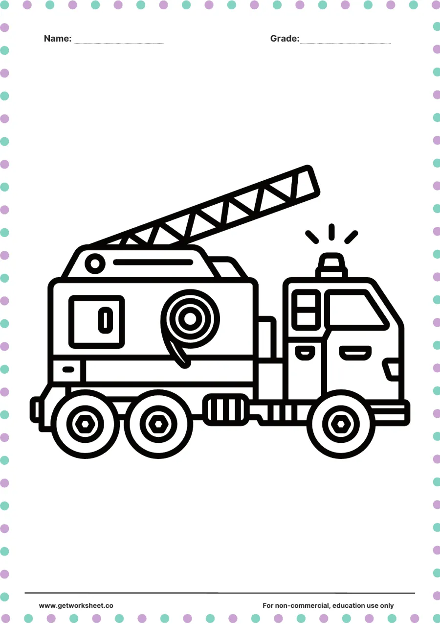 Vehicle coloring page: fire engine with raised ladder – free printable PDF worksheet, page 1 preview (Free printable vehicle coloring pages)