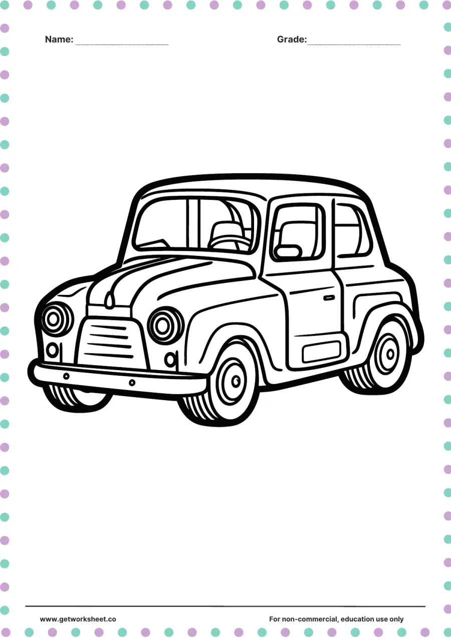 Vehicle coloring page: vintage car with racing stripe – free printable PDF worksheet, page 1 preview (Free printable vehicle coloring pages)