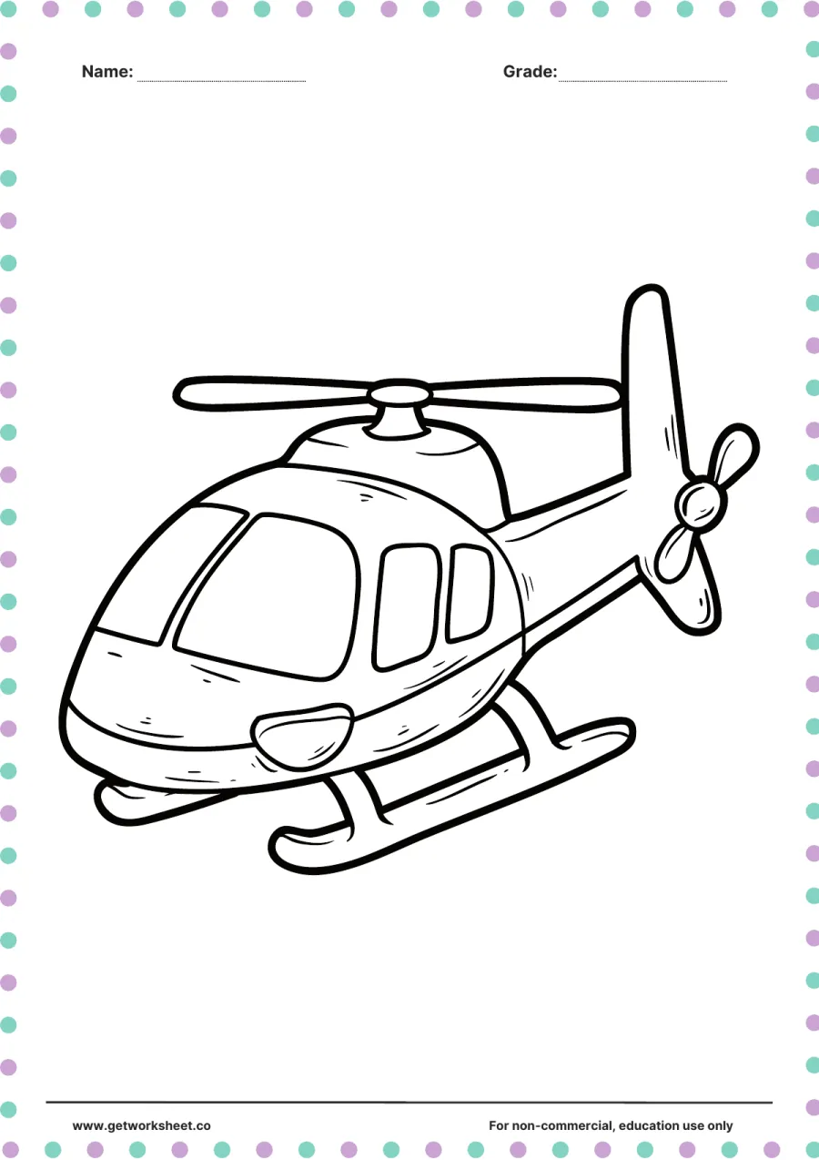 Vehicle coloring page: helicopter with landing skids – free printable PDF worksheet, page 1 preview (Free printable vehicle coloring pages)