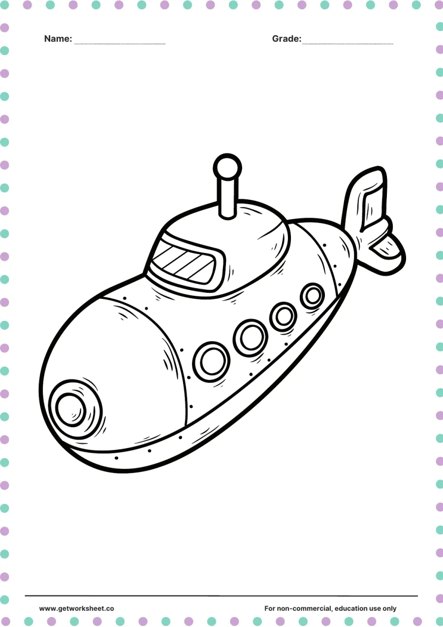 Vehicle coloring page: submarine with periscope – free printable PDF worksheet, page 1 preview (Free printable vehicle coloring pages)