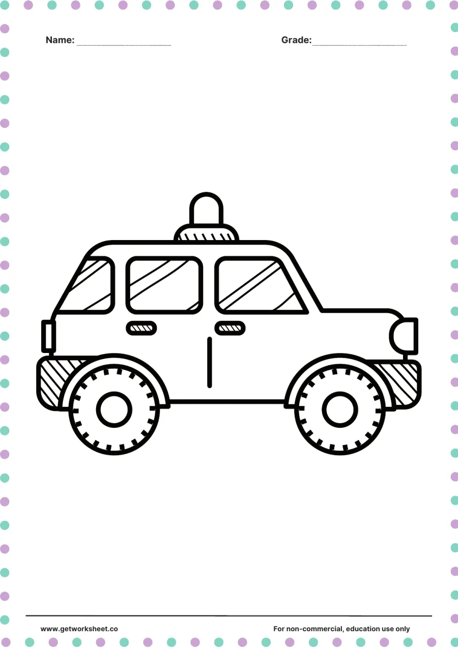 Vehicle coloring page: police car with roof light – free printable PDF worksheet, page 1 preview (Free printable vehicle coloring pages)
