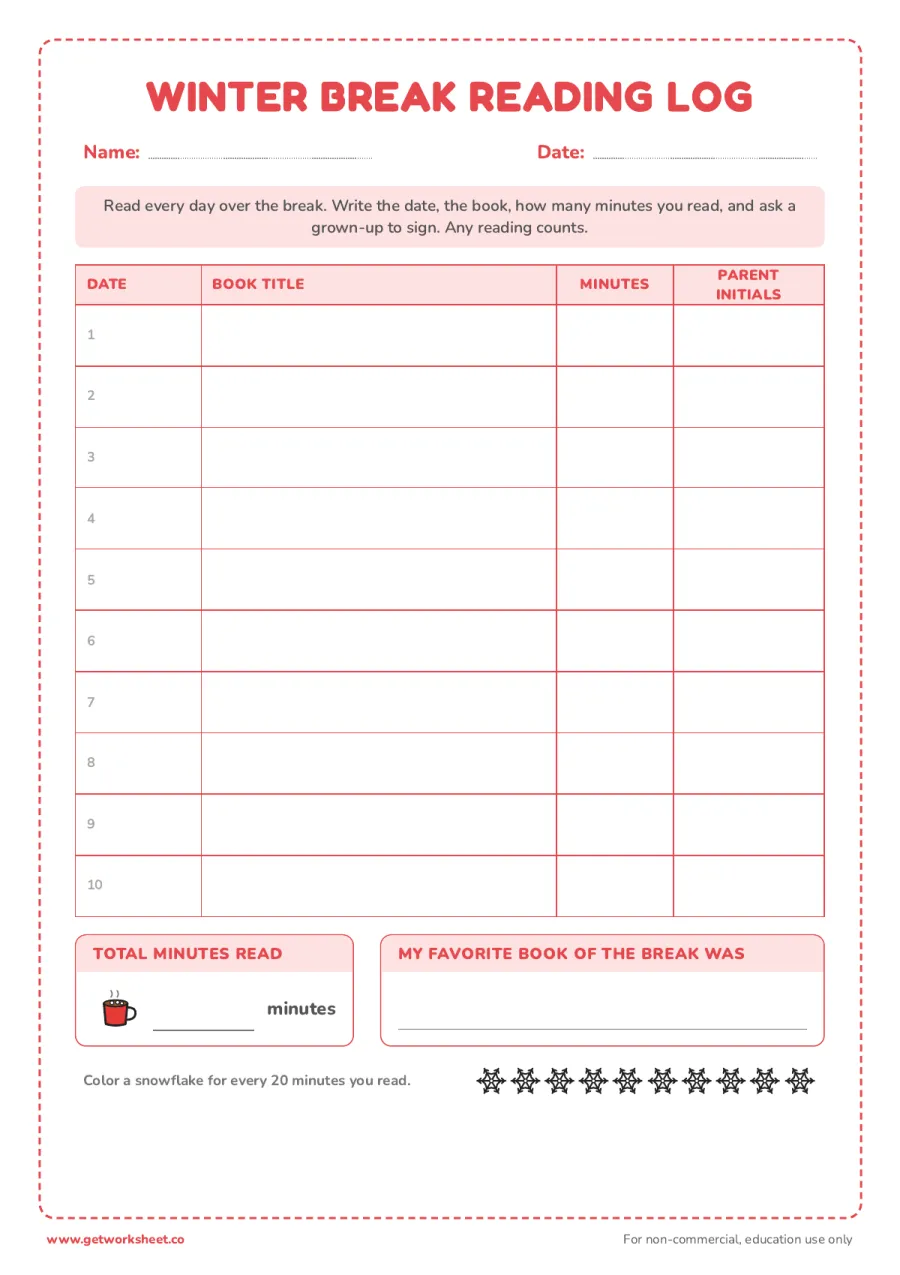 Winter break reading log – free printable PDF worksheet, page 1 preview (8 free winter break packet worksheets)