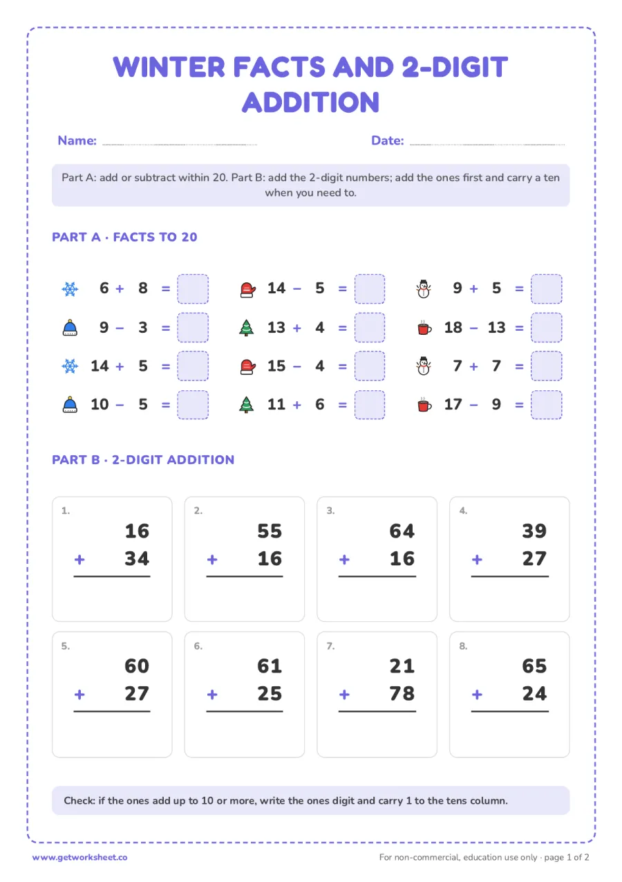 Winter facts to 20 and 2-digit addition (grades 2 to 3) – free printable PDF worksheet, page 1 preview (8 free winter break packet worksheets)