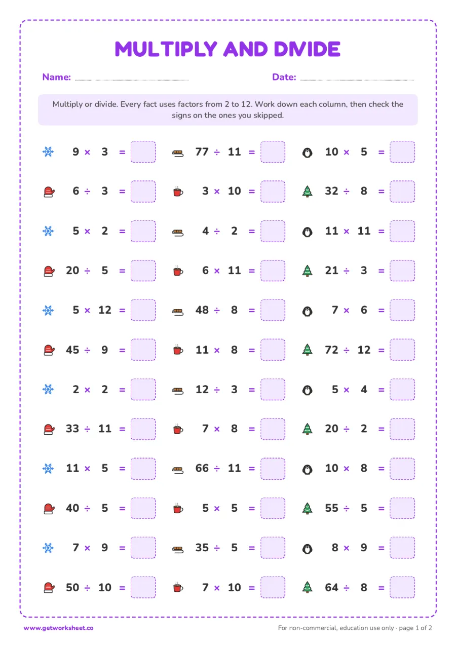 Winter multiplication and division facts (grades 4 to 5) – free printable PDF worksheet, page 1 preview (8 free winter break packet worksheets)