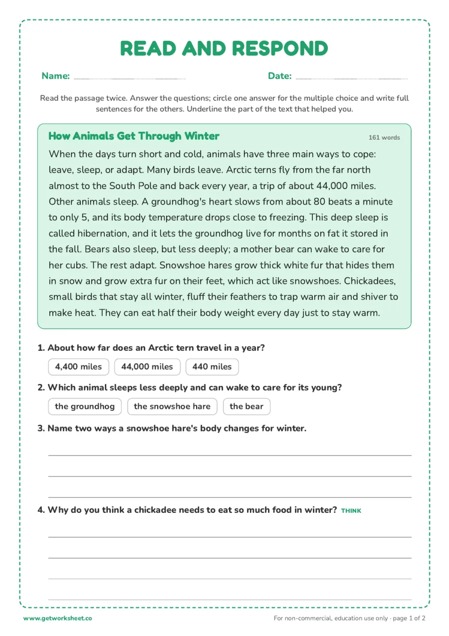 Read and respond: How Animals Get Through Winter (grades 4 to 5) – free printable PDF worksheet, page 1 preview (8 free winter break packet worksheets)