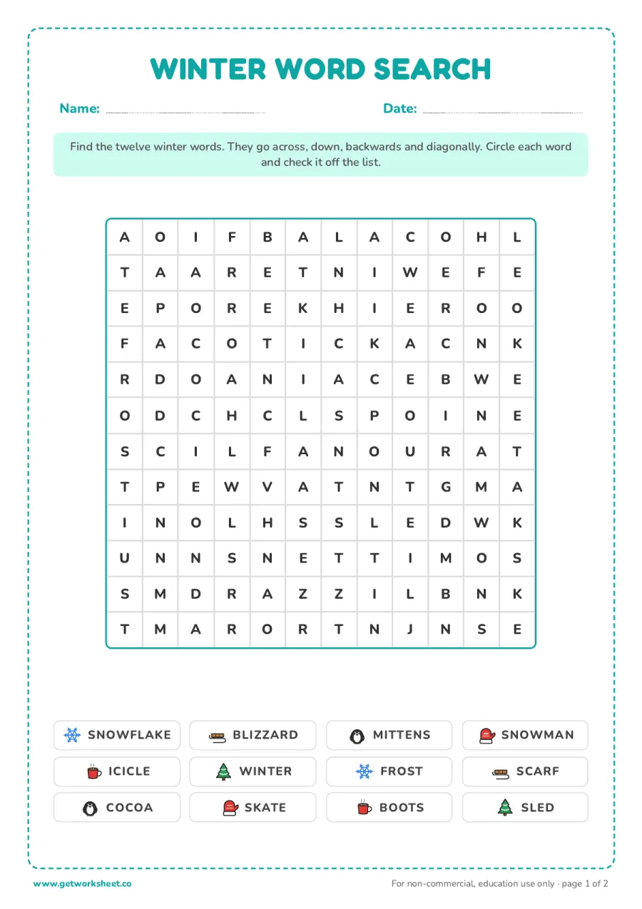 Winter word search (grades 2 to 3) – free printable PDF worksheet, page 1 preview (8 free winter break packet worksheets)
