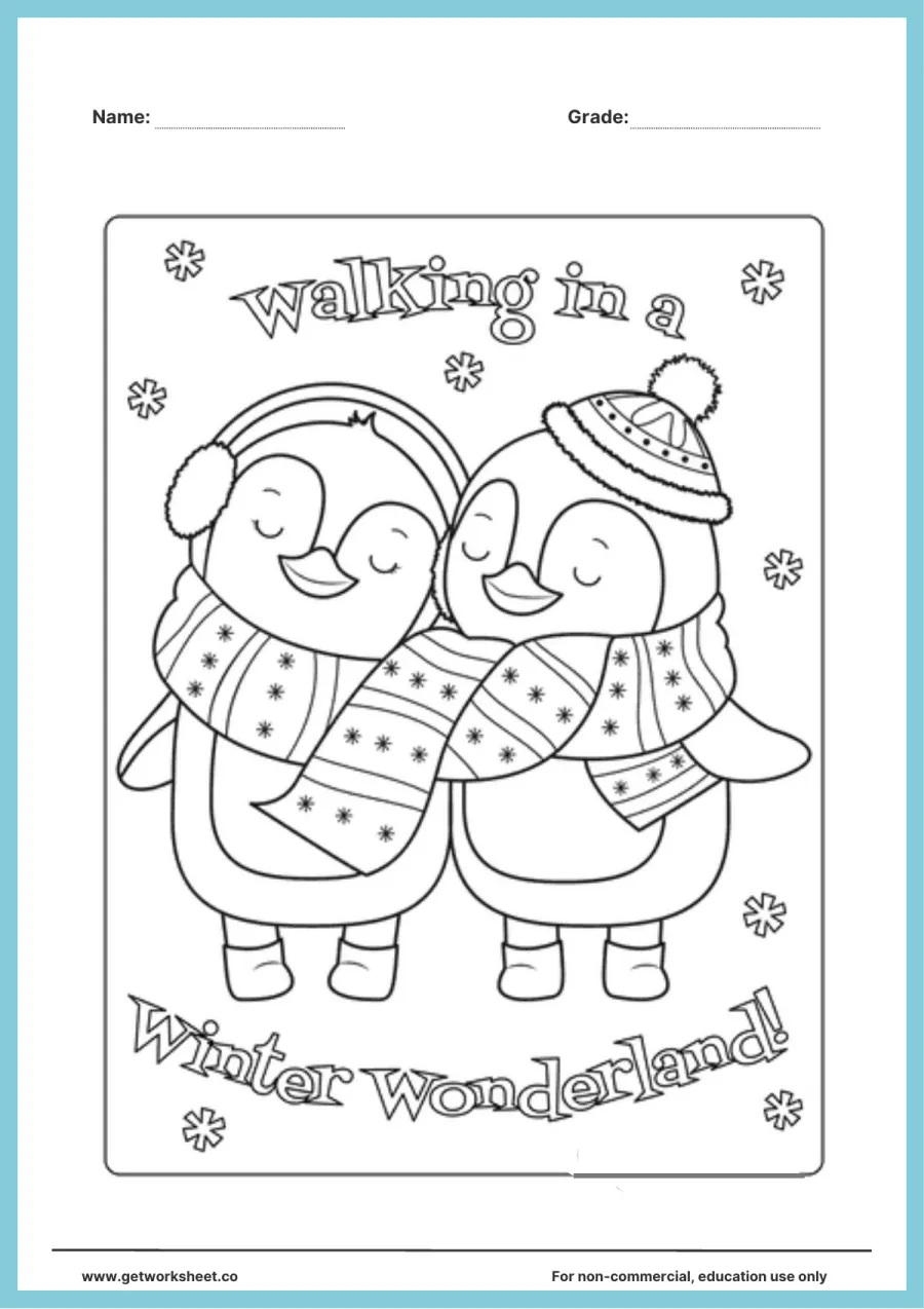 Winter coloring page: penguins in a winter wonderland Winter coloring page: penguins in a winter wonderland – free printable PDF worksheet, page 1 preview (Free winter coloring pages)