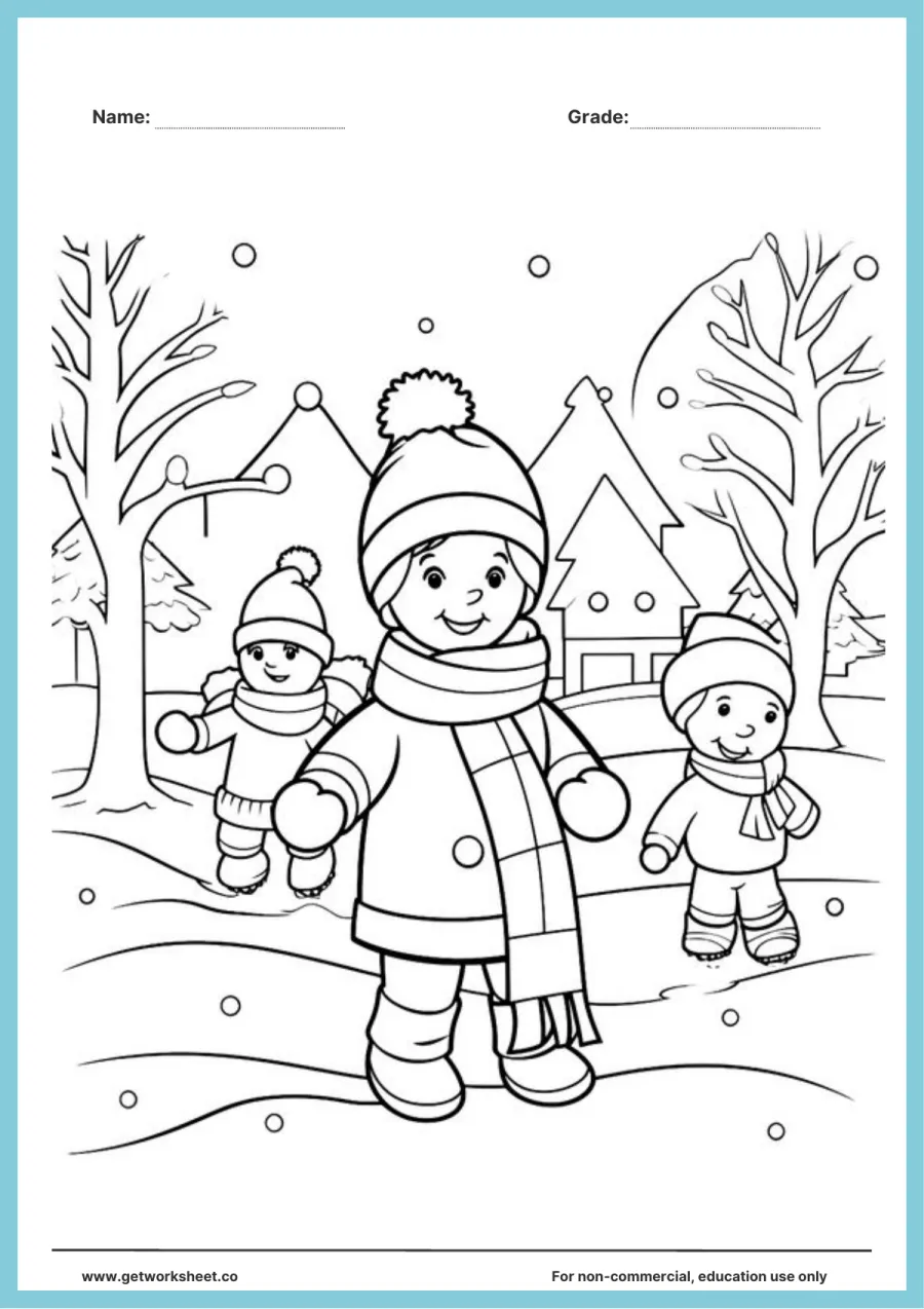 Winter coloring page: three children in the snowy village Winter coloring page: three children in the snowy village – free printable PDF worksheet, page 1 preview (Free winter coloring pages)