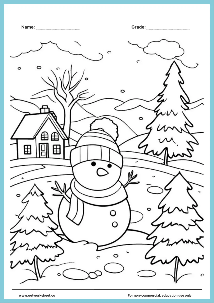 Winter coloring page: snowman between pine trees Winter coloring page: snowman between pine trees – free printable PDF worksheet, page 1 preview (Free winter coloring pages)