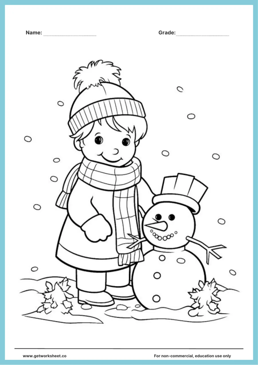 Winter coloring page: child building a snowman Winter coloring page: child building a snowman – free printable PDF worksheet, page 1 preview (Free winter coloring pages)