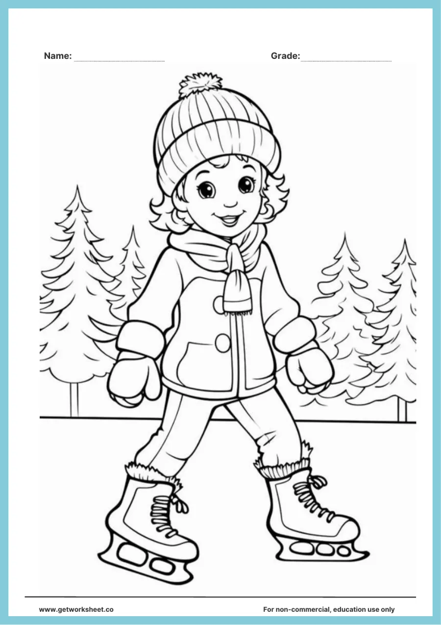 Winter coloring page: ice skating by the pine trees Winter coloring page: ice skating by the pine trees – free printable PDF worksheet, page 1 preview (Free winter coloring pages)