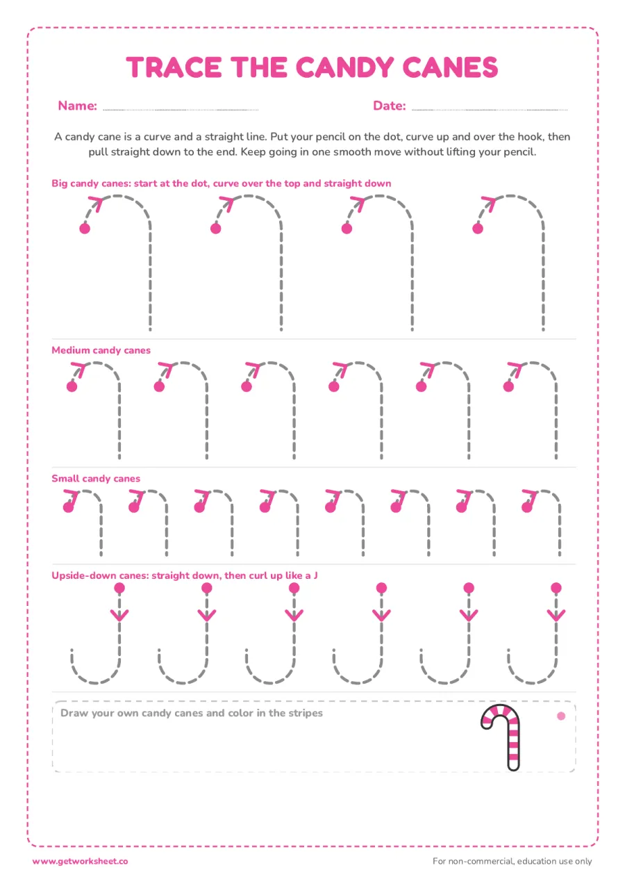 Candy cane line tracing: curves and hooks – free printable PDF worksheet, page 1 preview (6 free winter tracing worksheets)