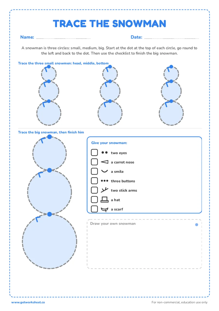 Snowman tracing: circles in three sizes – free printable PDF worksheet, page 1 preview (6 free winter tracing worksheets)
