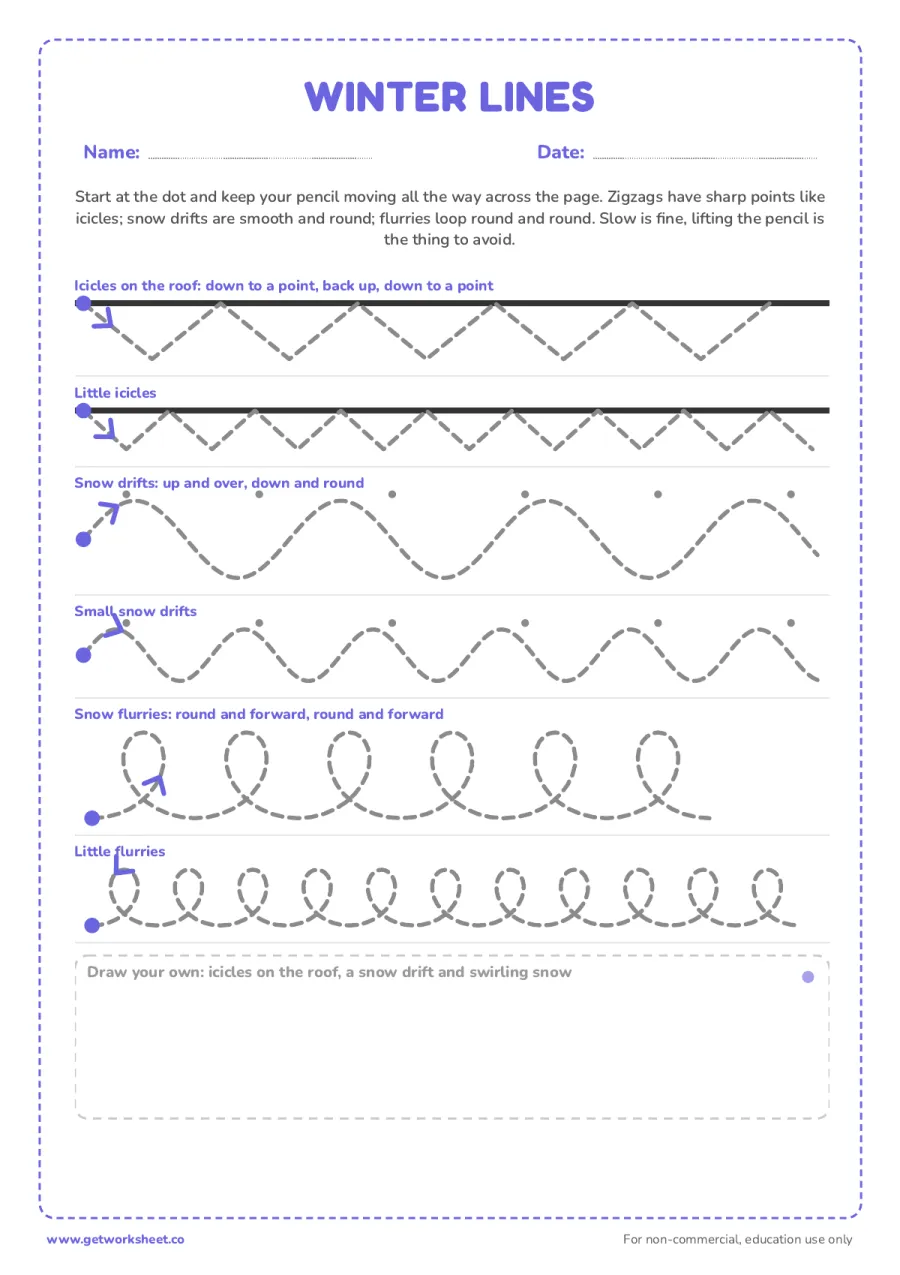 Winter pre-writing lines: icicles, snow drifts and flurries – free printable PDF worksheet, page 1 preview (6 free winter tracing worksheets)