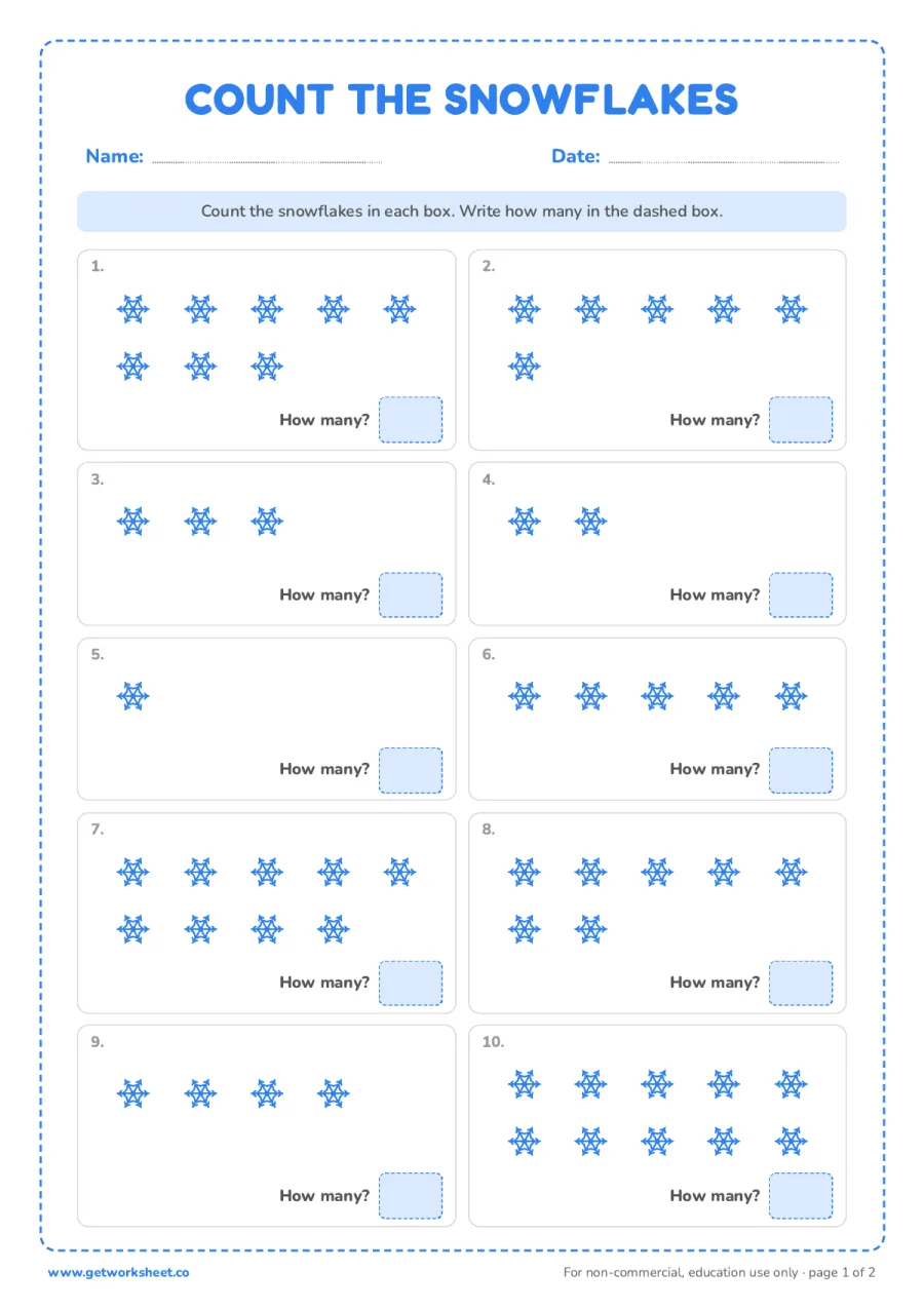 Count the snowflakes 1 to 10 Count the snowflakes 1 to 10 – free printable PDF worksheet, page 1 preview (8 free winter worksheets for preschool and kindergarten)